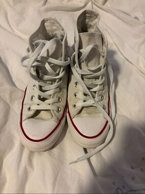 High-Top Canvas Sneakers in Off-White with Red Trim